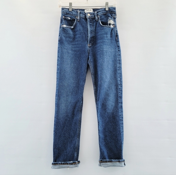 Agolde Denim - Agolde Riley Distressed Jeans Size 26 Blue Medium Wash Minimalist Designer Denim
